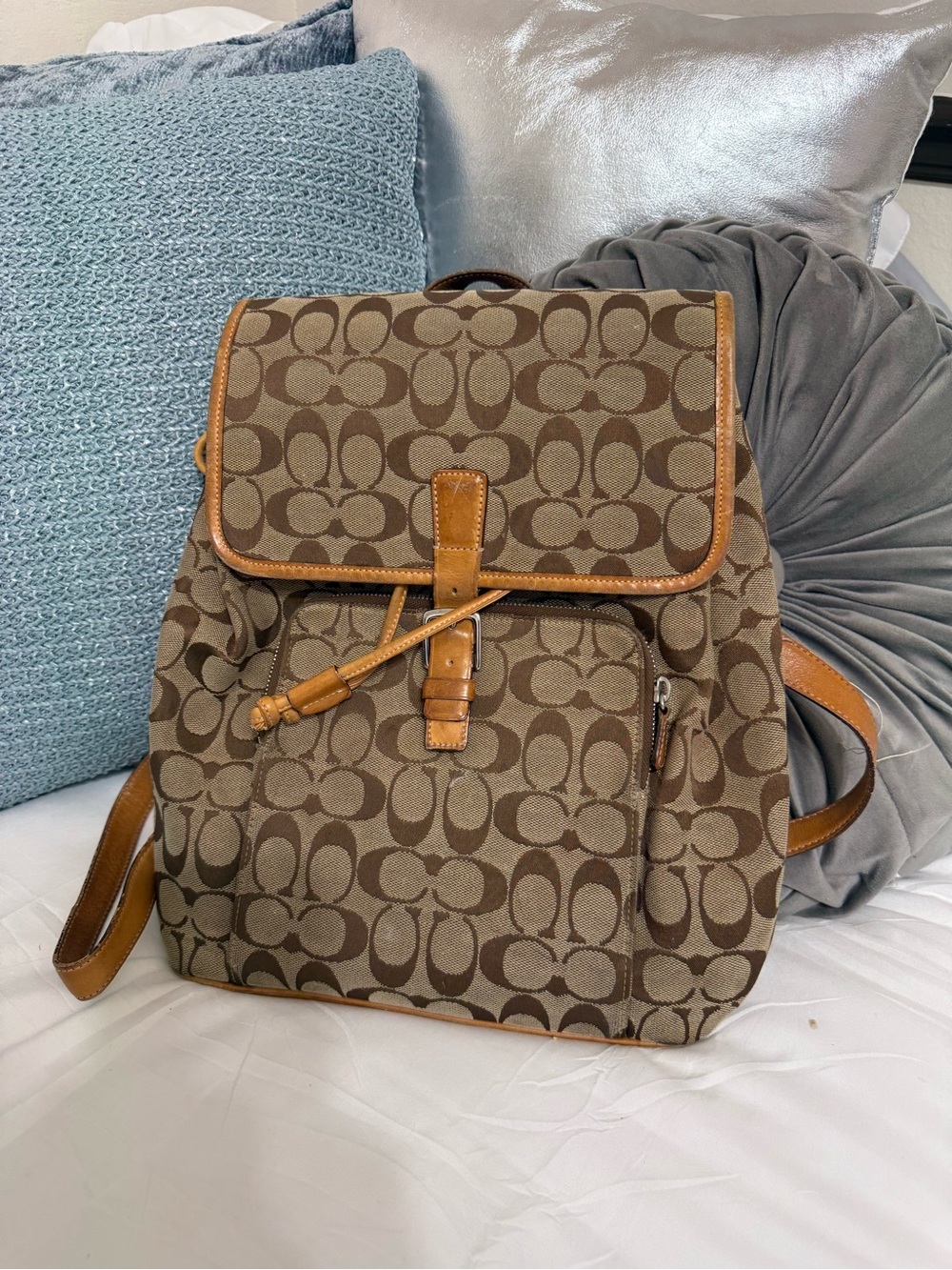 Coach Brown Signature Canvas Backpack with Tan Leather Trim